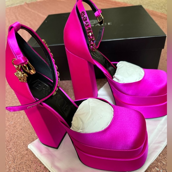 Versace Shoes - Versace Sandals Sz 8 Pink. Authentic Aevitas Medusa Crystal Ankle-Strap Platform